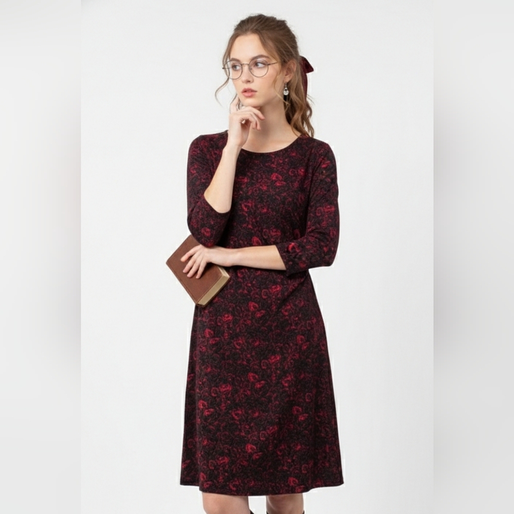 Talbots Red Dress Floral Goth Jersey Faux Wrap Punk Grunge Classic L